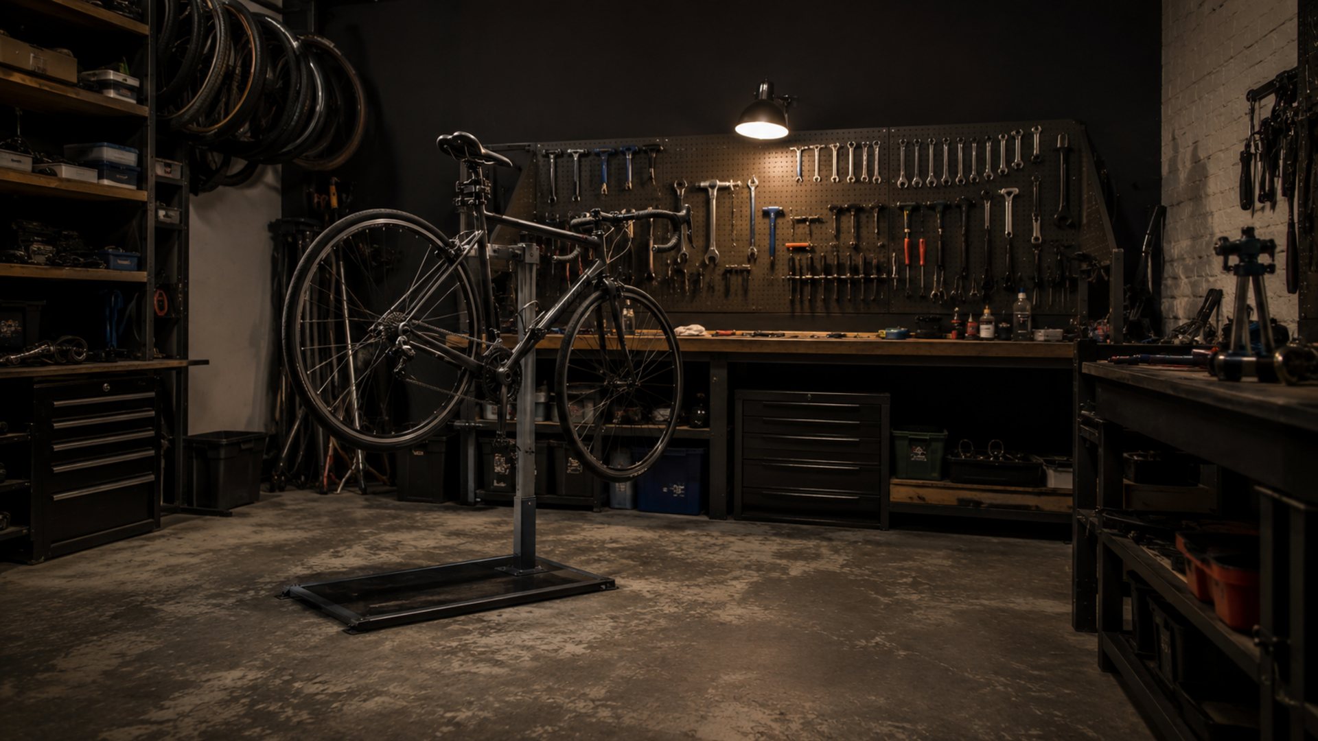 Donkere fietswerkplaats met een fiets in een montagestandaard en gereedschap aan een wand met gaatjesboard
