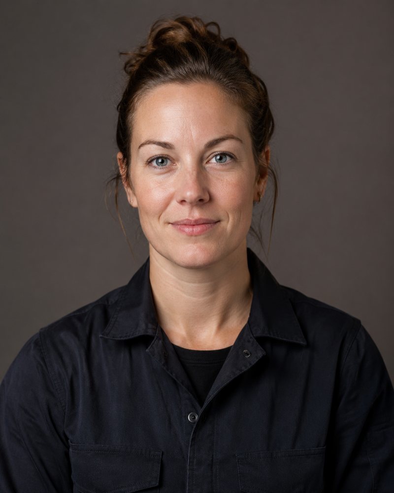 Portret van een vrouw van ongeveer 30 met opgestoken haar en een effen donker werkhemd