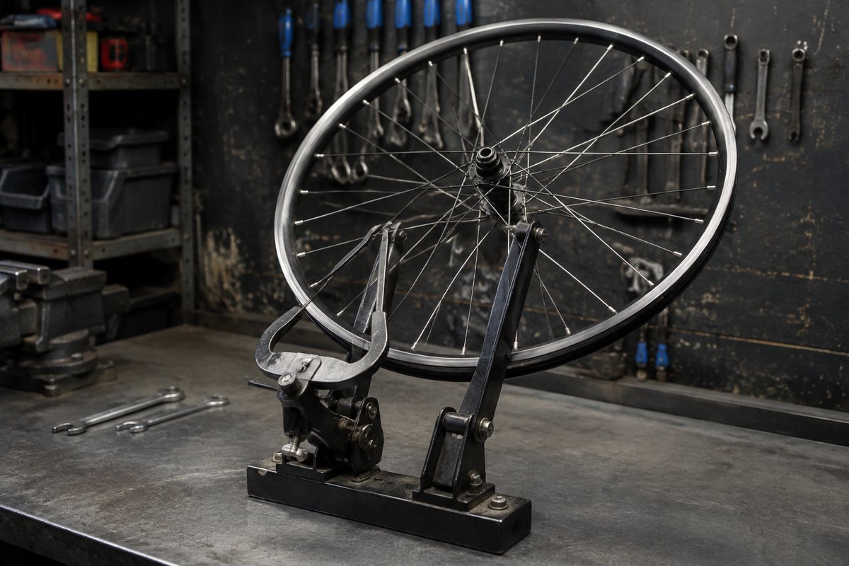 Fietswiel in een richtstandaard op een stalen werkbank, met de spaken scherp in beeld